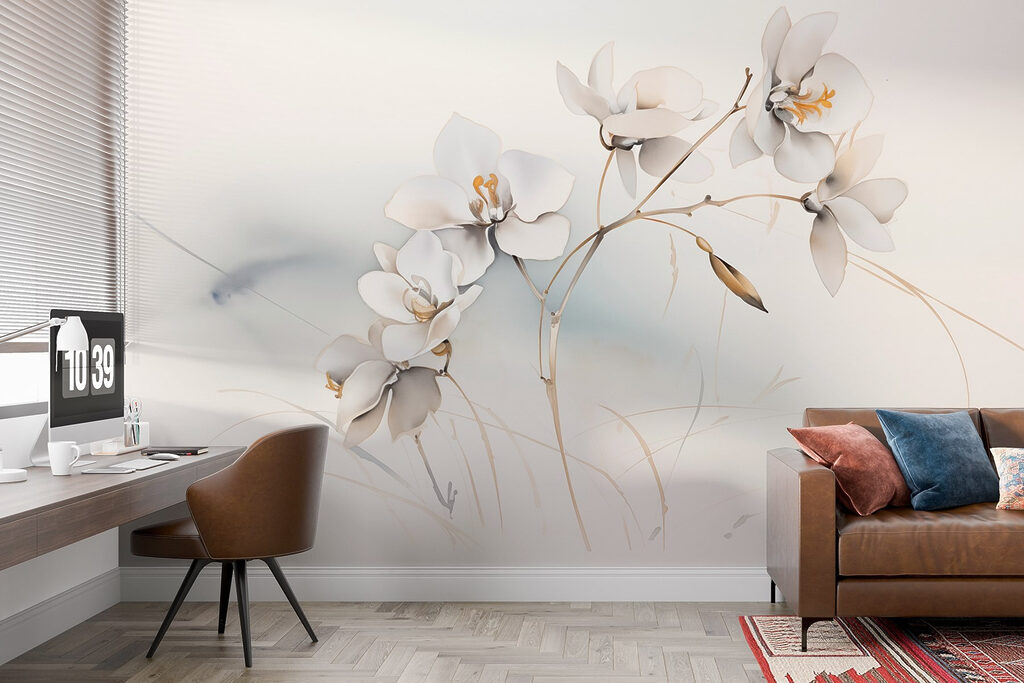 Witte bloemen, goudkleurige takjes — interieur 4