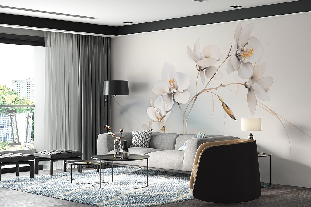 Witte bloemen, goudkleurige takjes — interieur 5