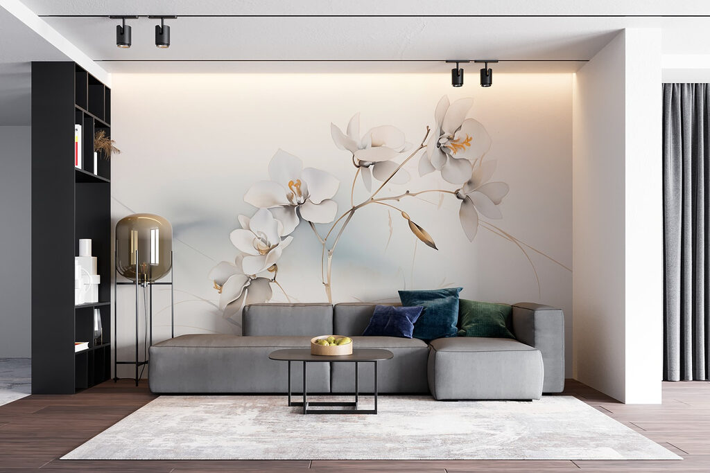 Witte bloemen, goudkleurige takjes — interieur 6
