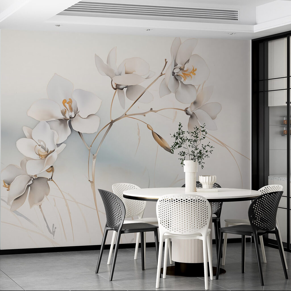 Witte bloemen, goudkleurige takjes — interieur 7