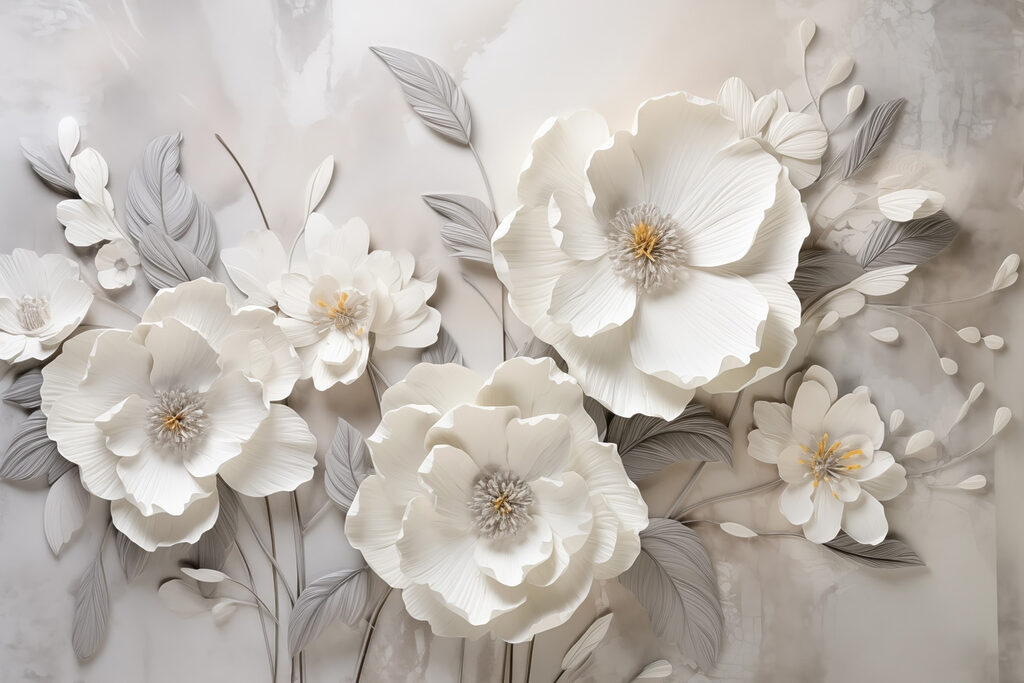 Witte bloemen, grijze bladeren — volledig ontwerp