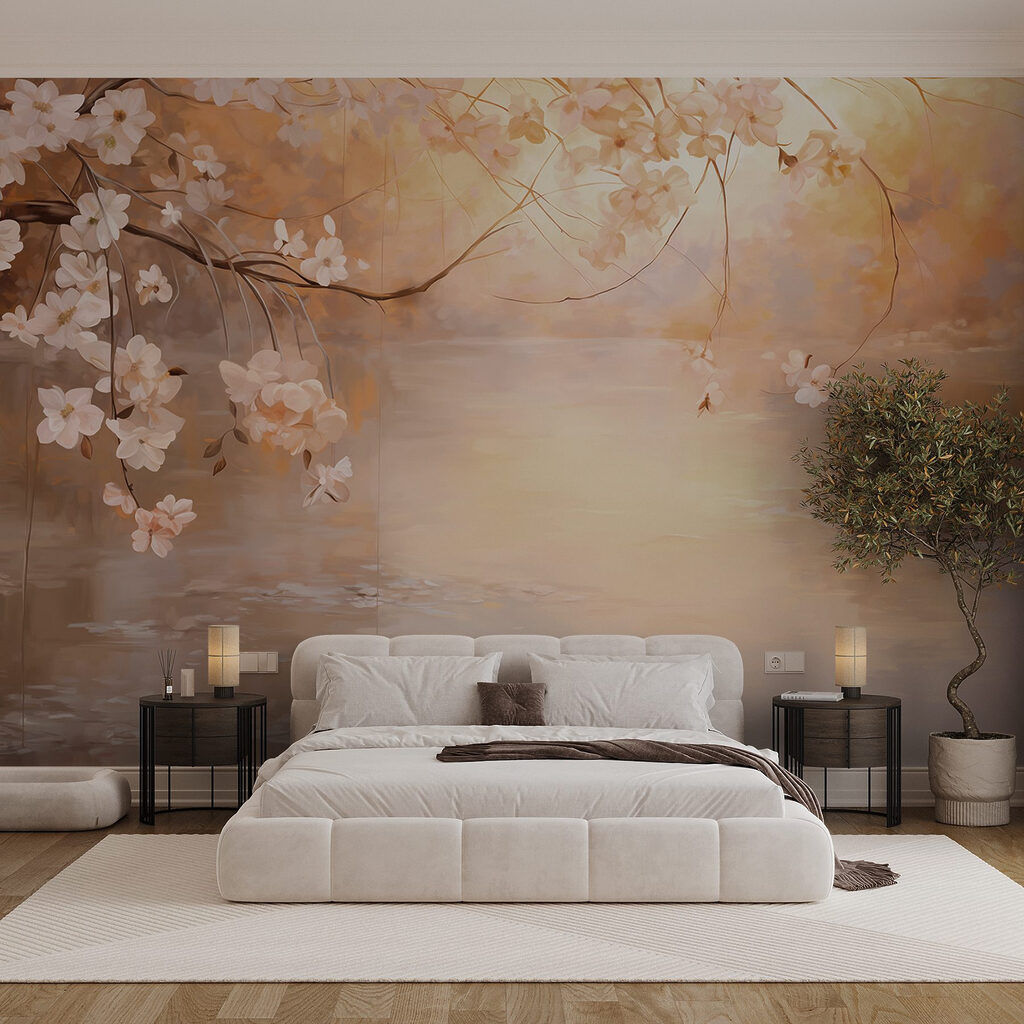 Schilderij van een boomtak met bloemen in een interieur