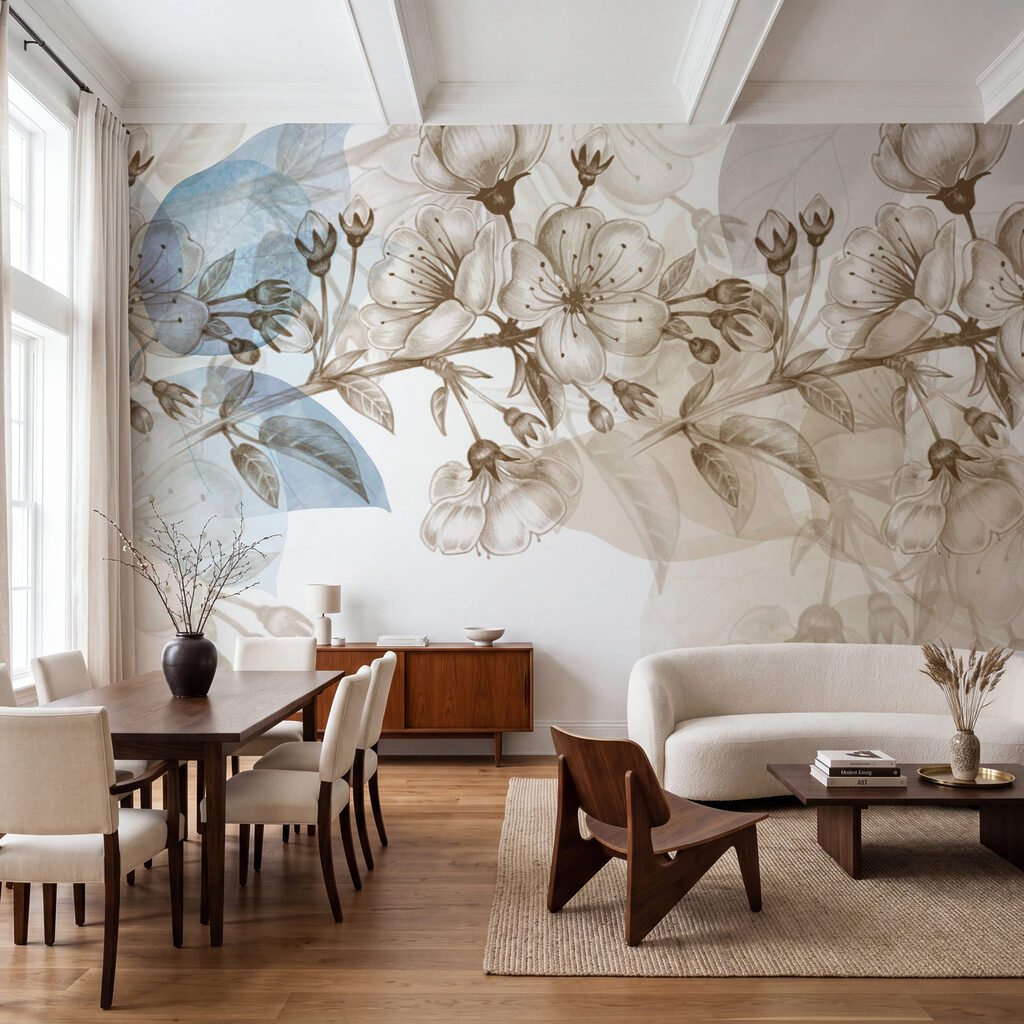 Bloemlijnen met blauwe bladeren — interieur 1