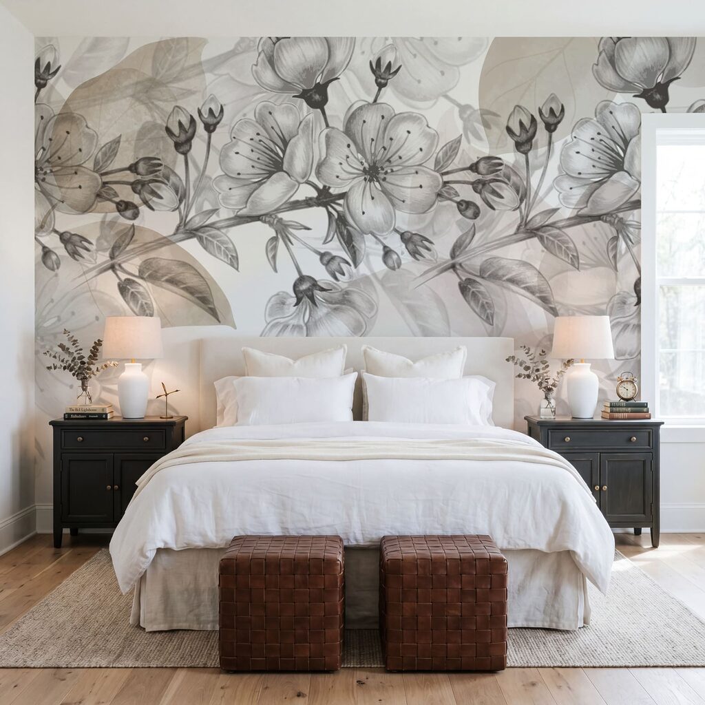 Tekening van een tak met bloemen in een interieur