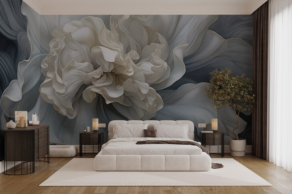 Witte bloem, blauwe golflagen — interieur 1