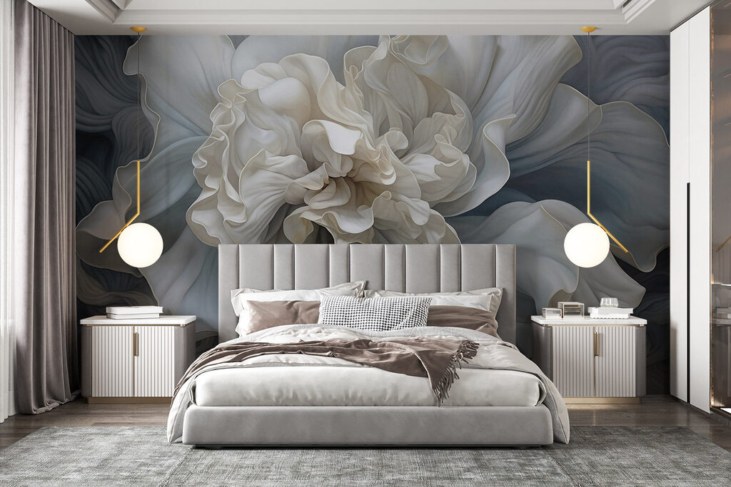 Witte bloem, blauwe golflagen — interieur 2