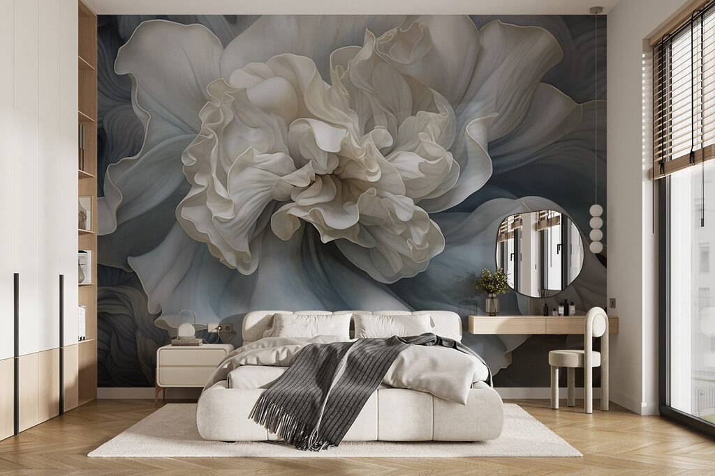 Witte bloem, blauwe golflagen — interieur 3