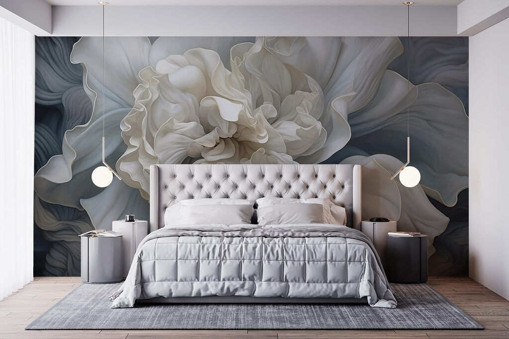 Witte bloem, blauwe golflagen — interieur 4