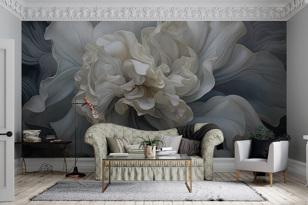 Witte bloem, blauwe golflagen — interieur 5