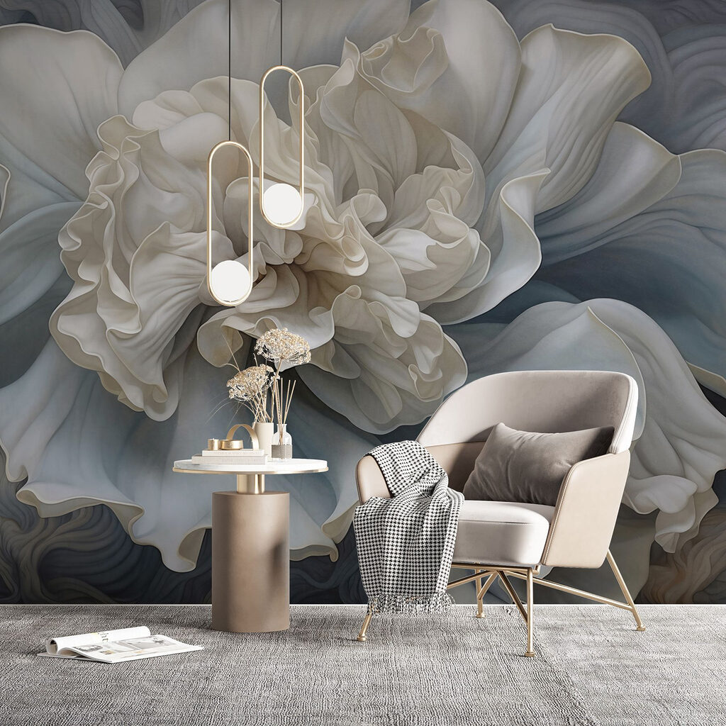 Witte bloem, blauwe golflagen — interieur 6