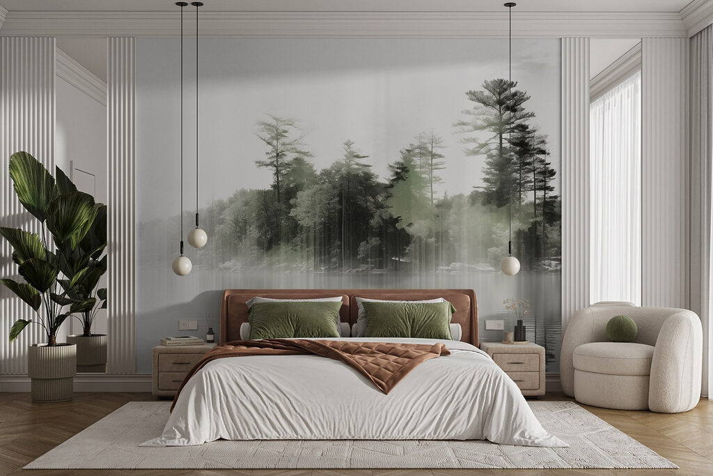 Waterlichaam met bomen en mist in een interieur