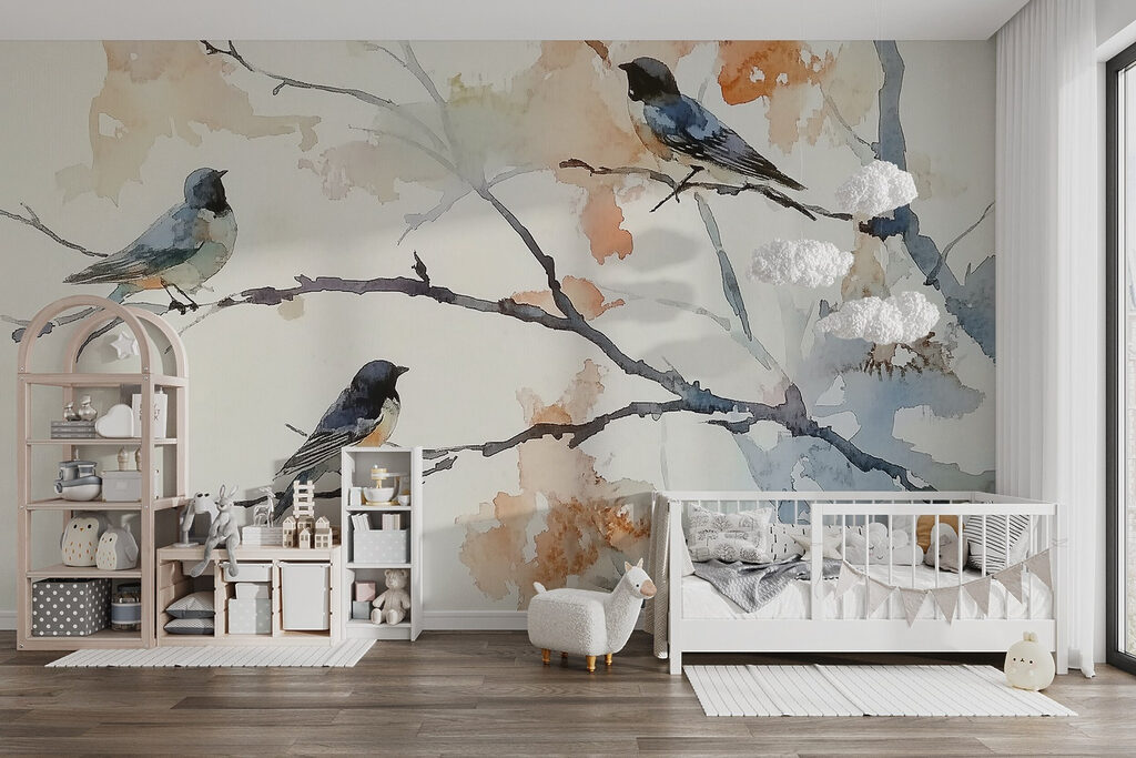 Drie vogels op aquareltakken — interieur 3