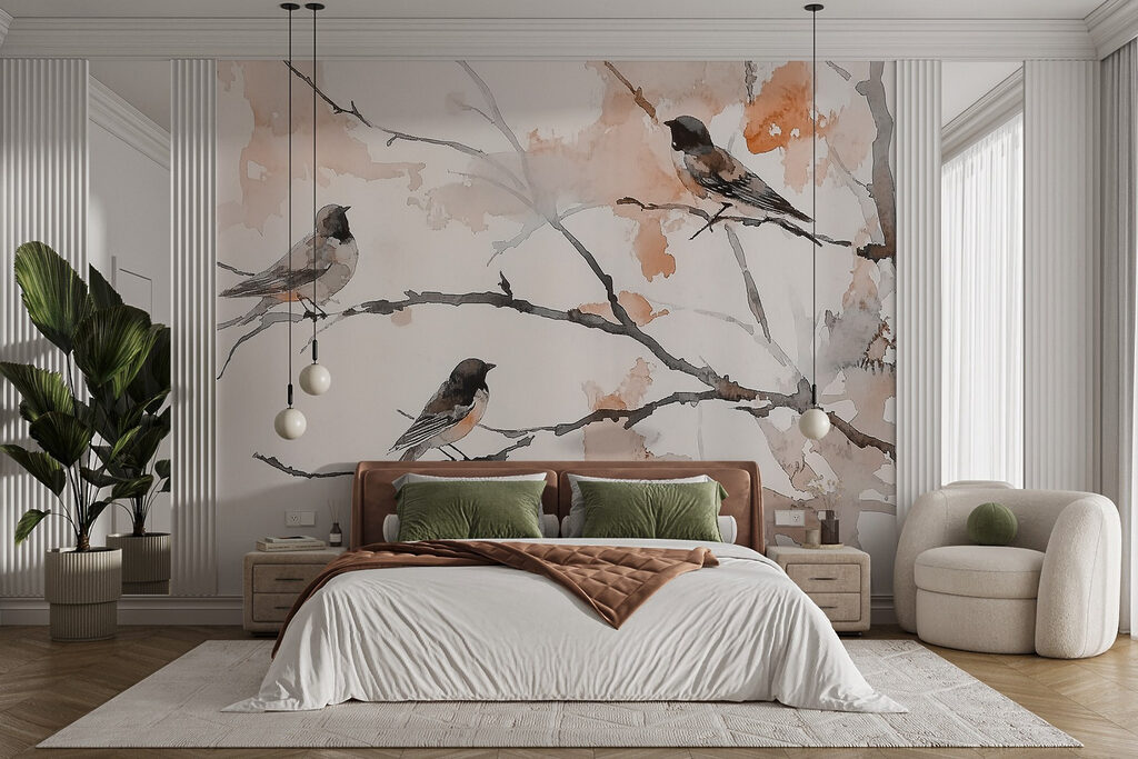Vogels rusten tussen takken — interieur 1