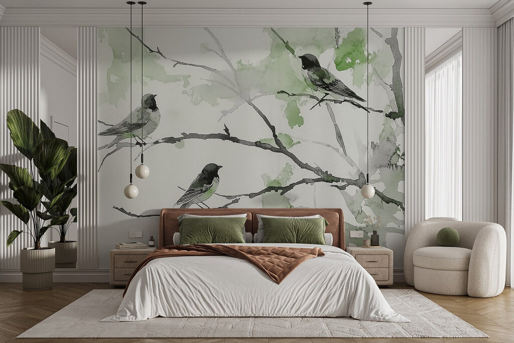 Groep vogels zittend op een boomtak in een interieur