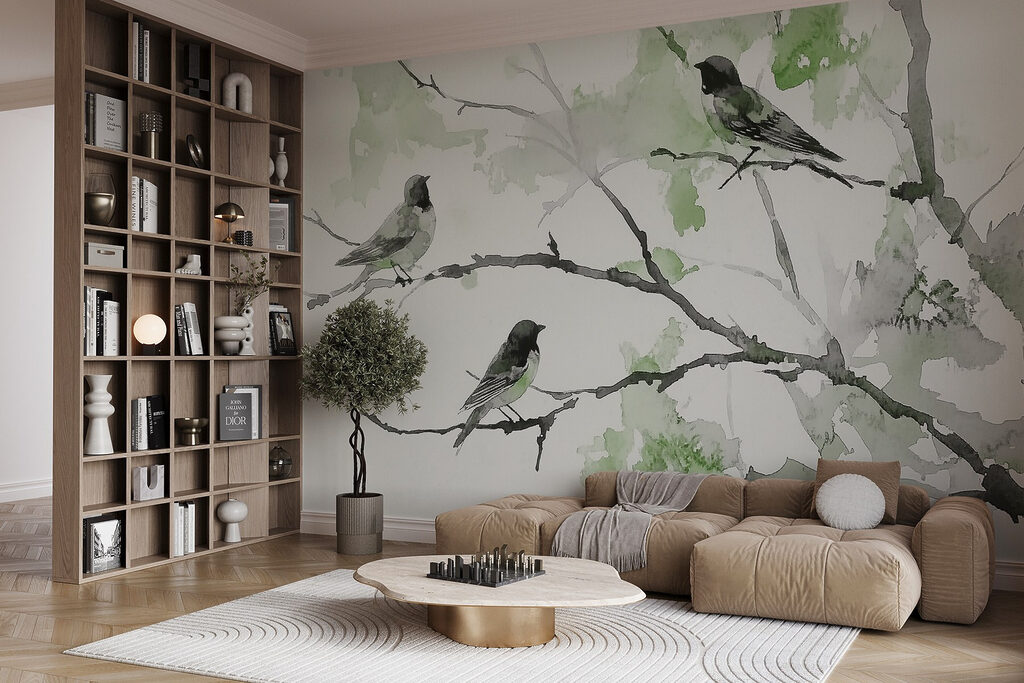 Vogels rusten tussen takken — interieur 3