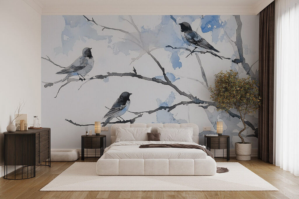 Vogels rusten tussen takken — interieur 1