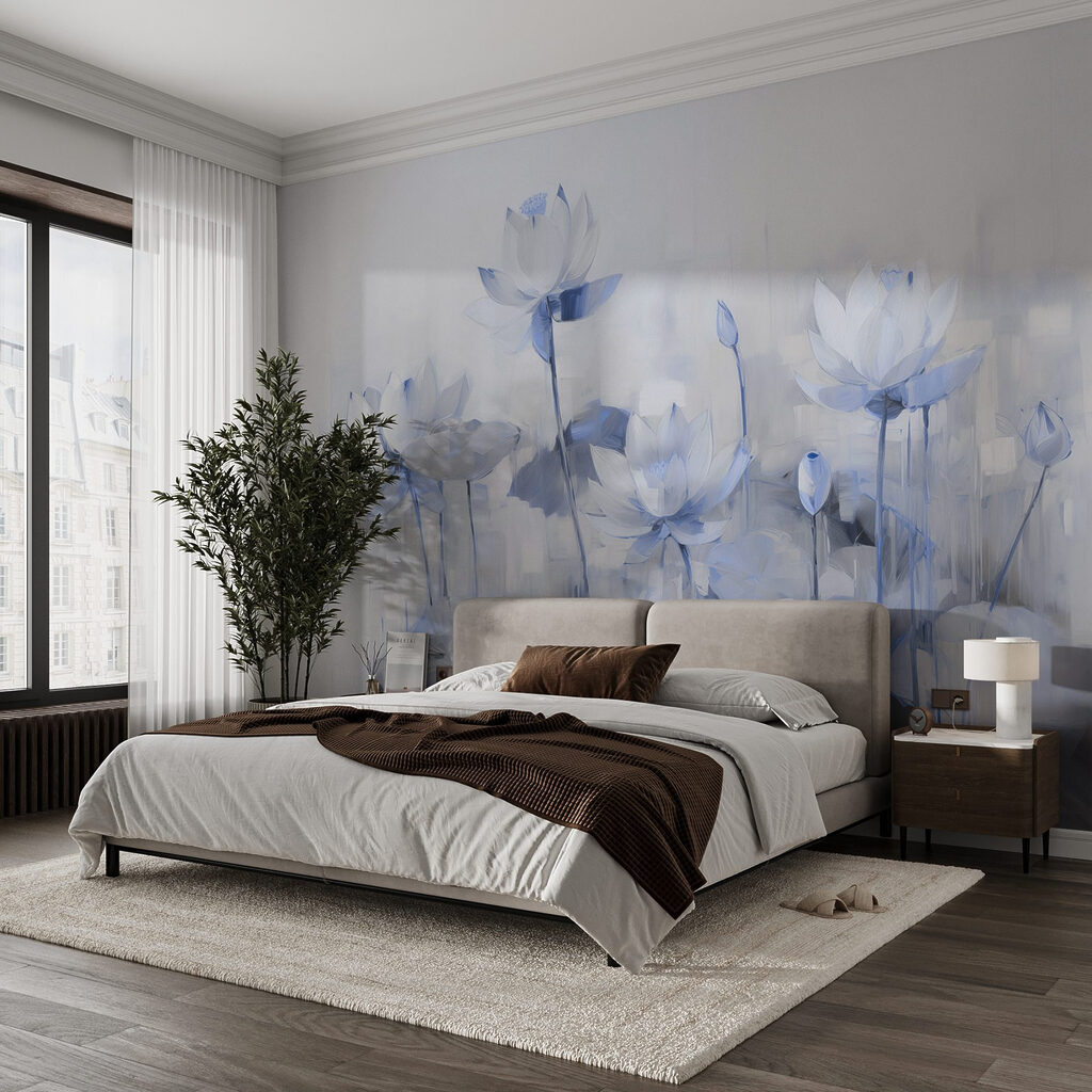Schilderij van bloemen en bladeren in een interieur