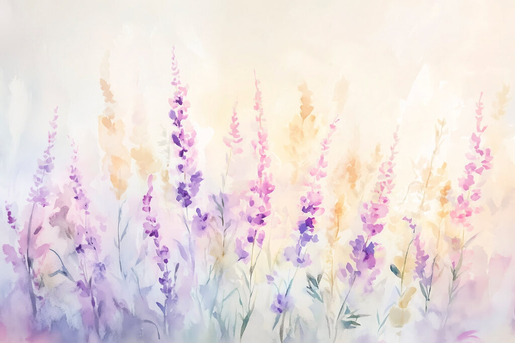Paarse bloemen in ochtendlicht — volledig ontwerp