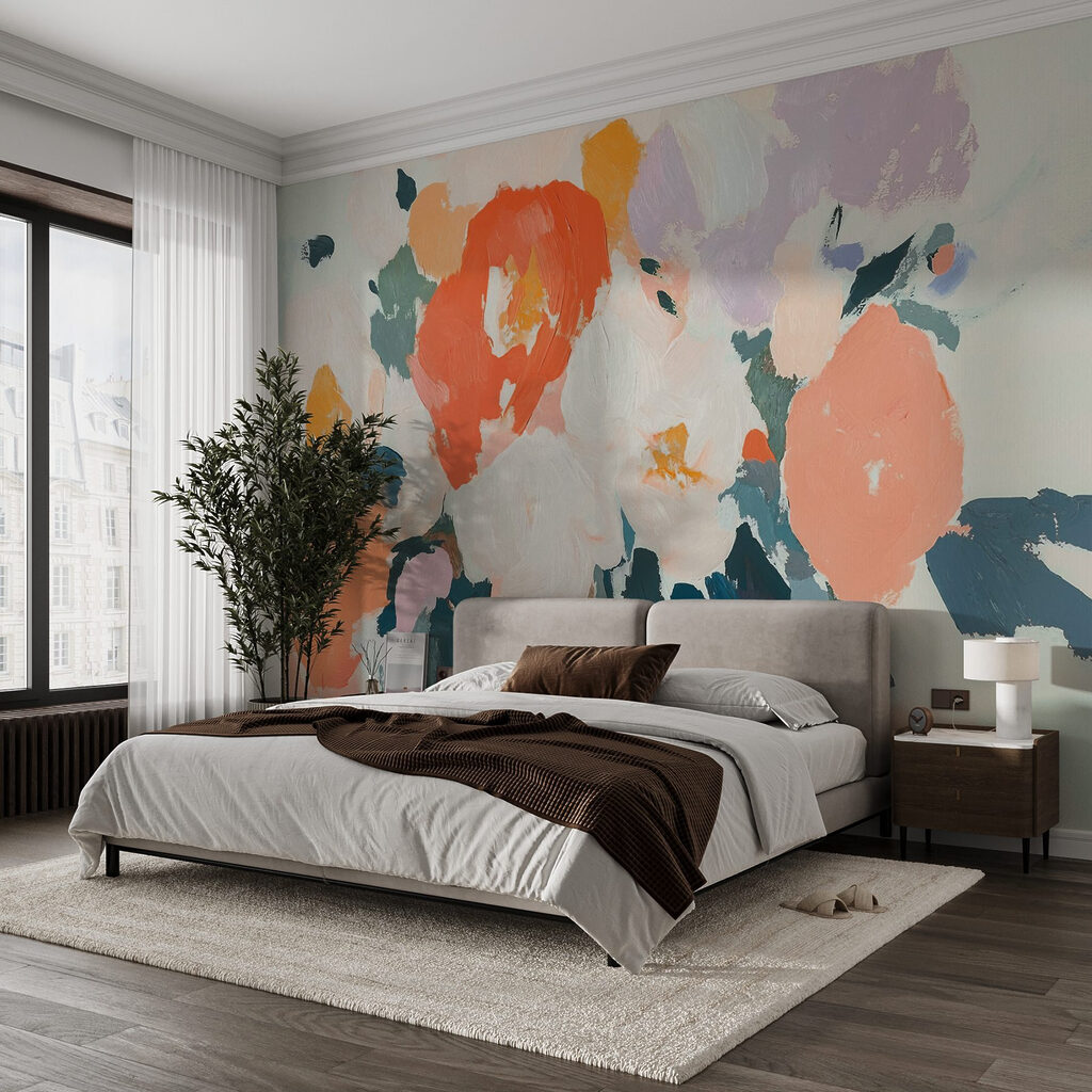 Oranje bloemen als verfvlekken — interieur 1
