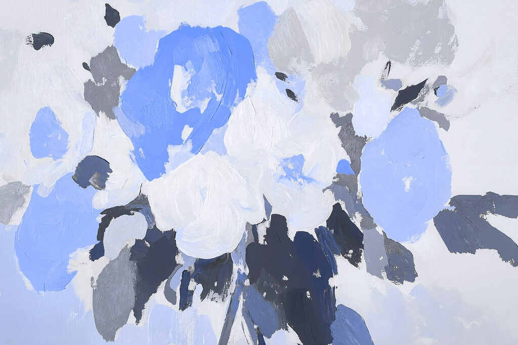 Schilderij van bloemen in blauw en grijs — volledig ontwerp