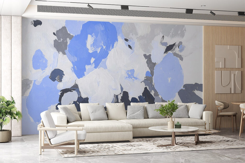 Schilderij van bloemen in blauw en grijs — interieur 3