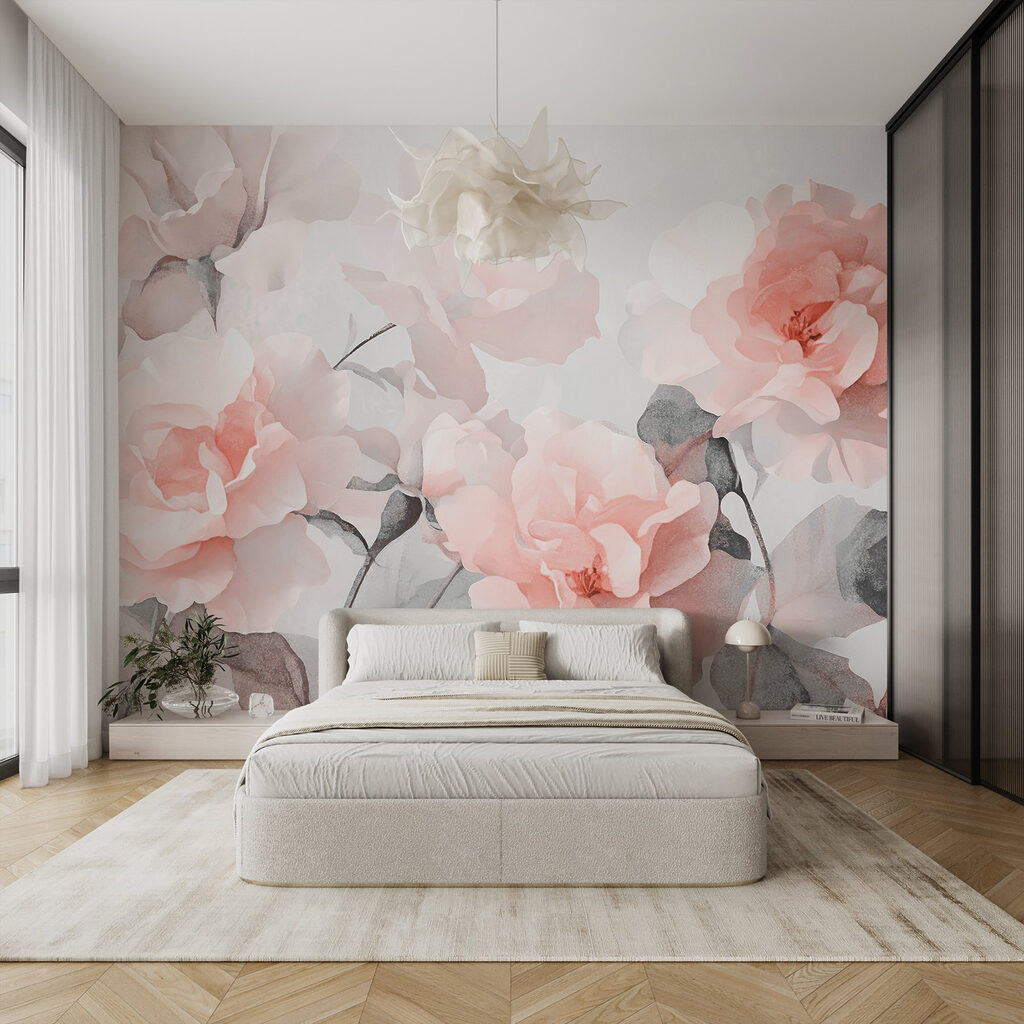 Groep roze bloemen in een interieur