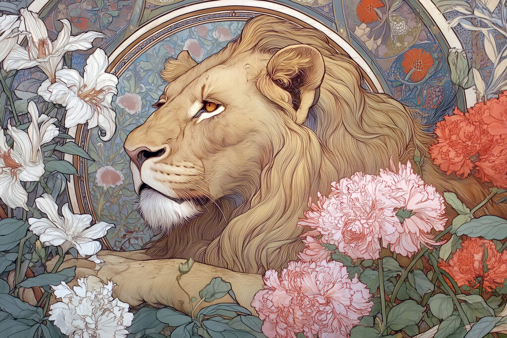 Leeuw tussen sierlijke bloemen — volledig ontwerp