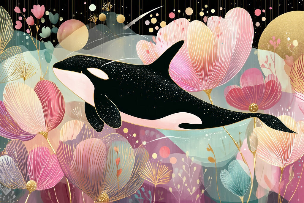 Orka tussen roze bloemen — volledig ontwerp