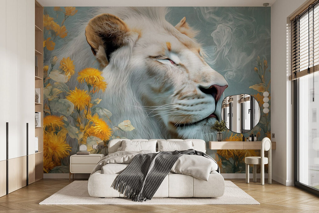 Witte leeuw tussen bloemen — interieur 1