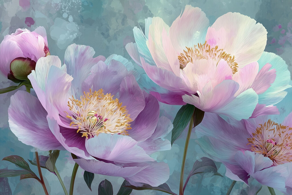 Roze pioenen in blauwtinten — volledig ontwerp