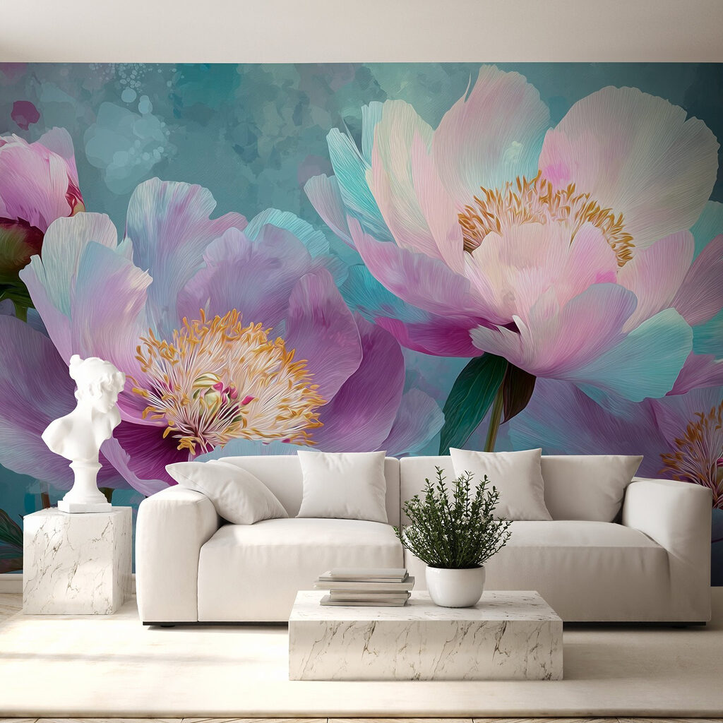 Roze pioenen in blauwtinten — interieur 1