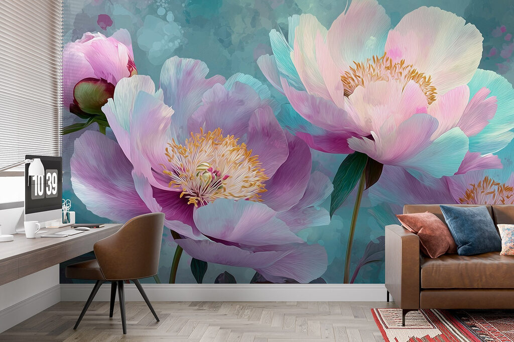 Roze pioenen in blauwtinten — interieur 2