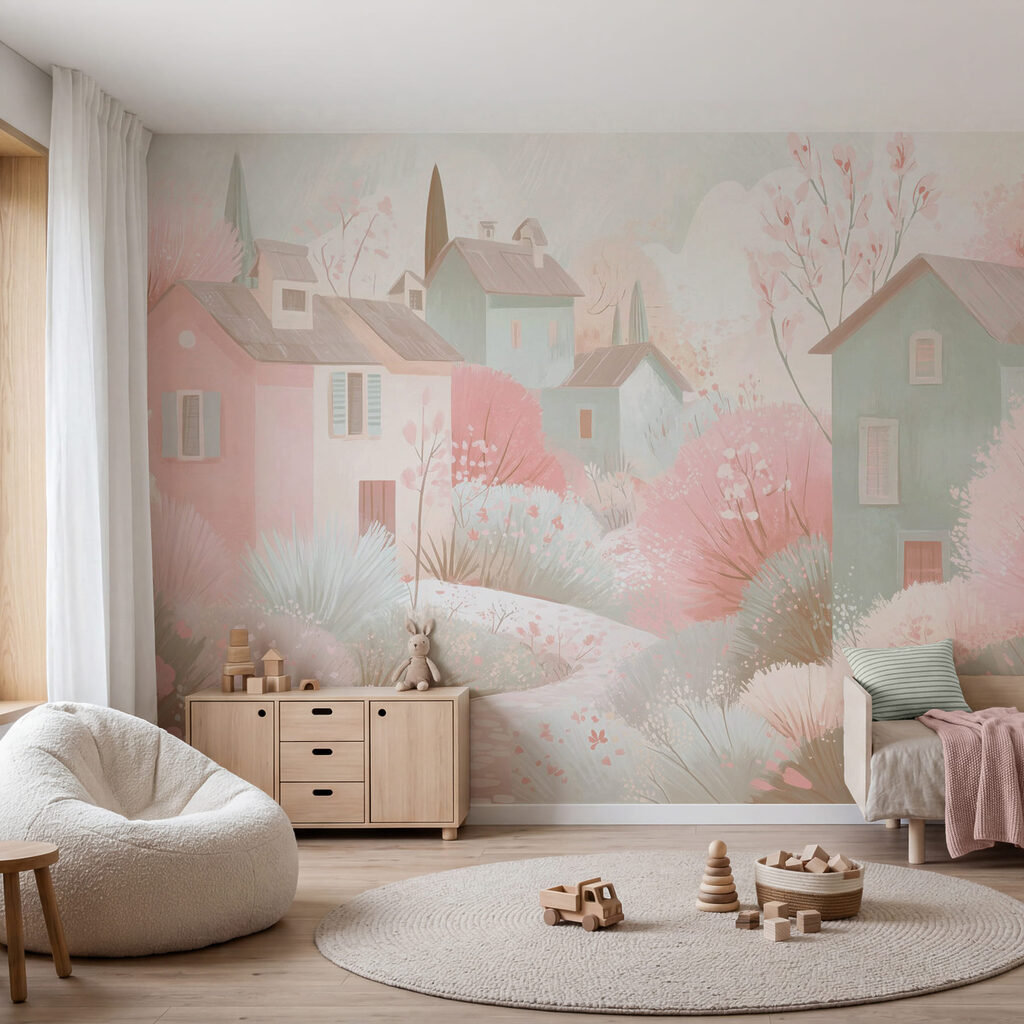 Schilderij van een klein stadje in een interieur