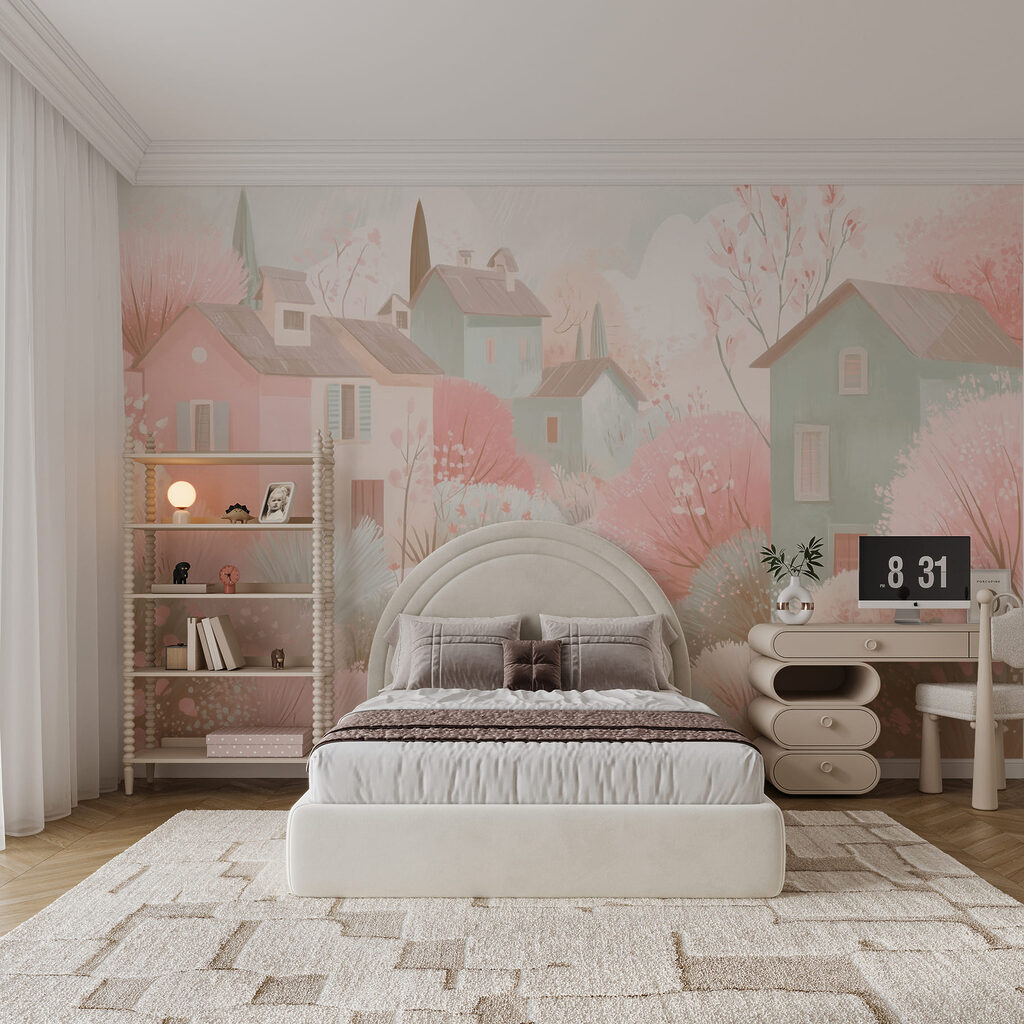 Pastelhuisjes langs roze struiken — interieur 2