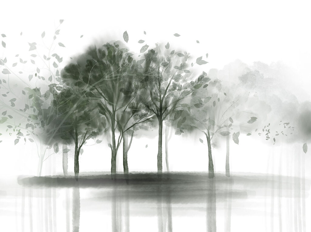 Bomen weerspiegelen in grijs — volledig ontwerp