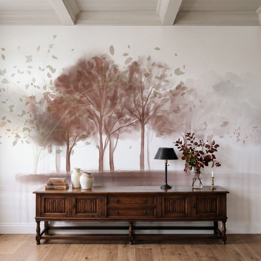 Groep bomen met bladeren in een interieur