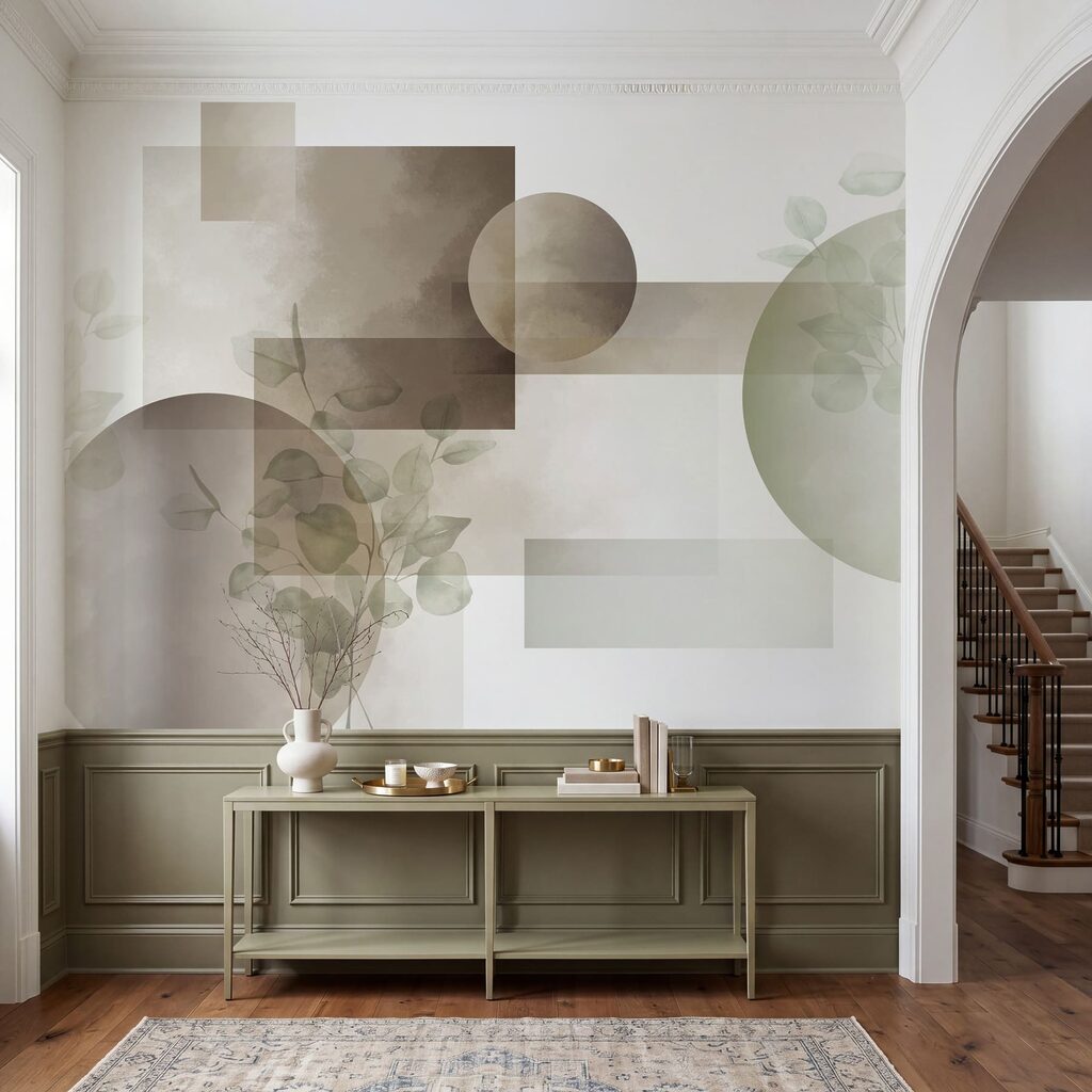 Abstracte vormen met subtiele bladerdetails in een interieur