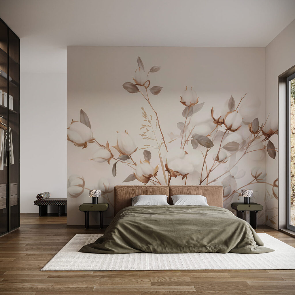 Fijne katoenen bloemen in zachte tinten in een interieur