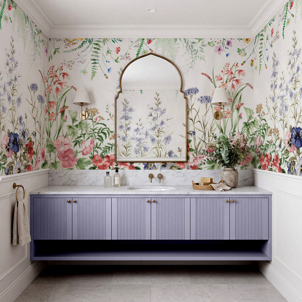 Schilderij van bloemen en bladeren in een interieur