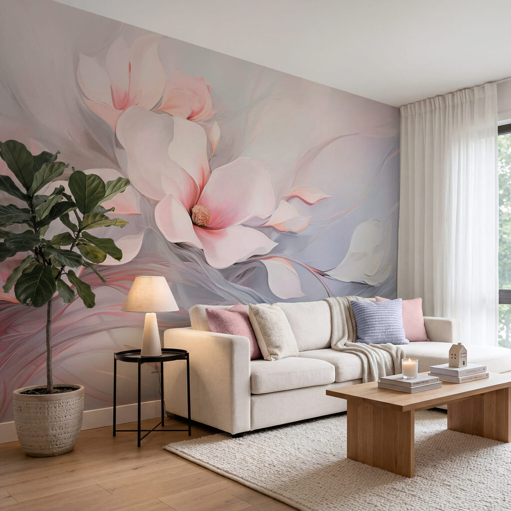 Schilderij van bloemen en bladeren in een interieur