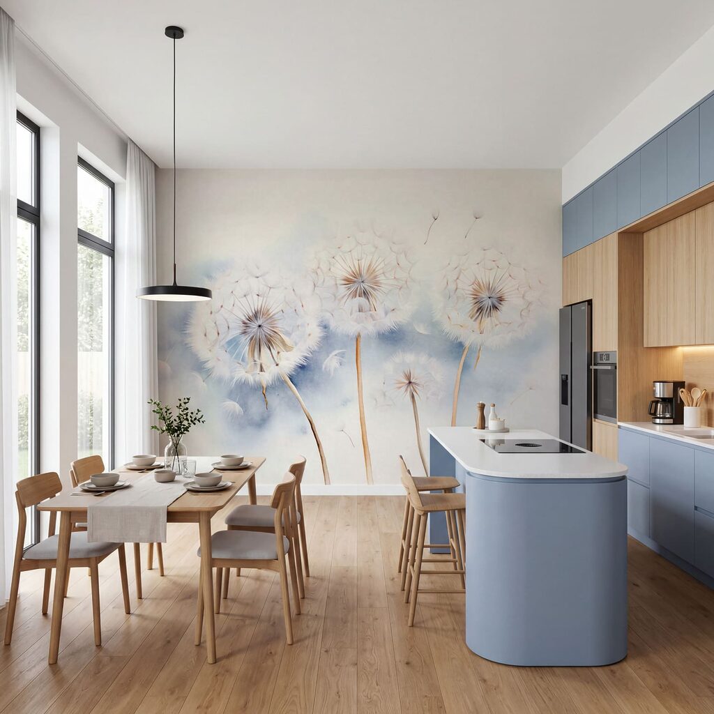 Een groep paardenbloemen waarvan de zaadjes wegwaaien in een interieur