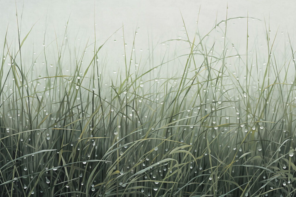 Waterdruppels op het gras in de mist — volledig ontwerp