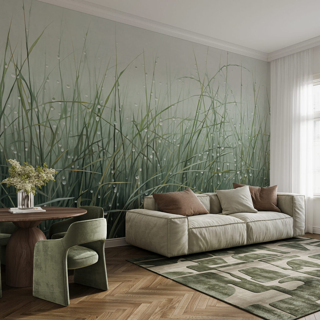 Waterdruppels op het gras in de mist — interieur 1