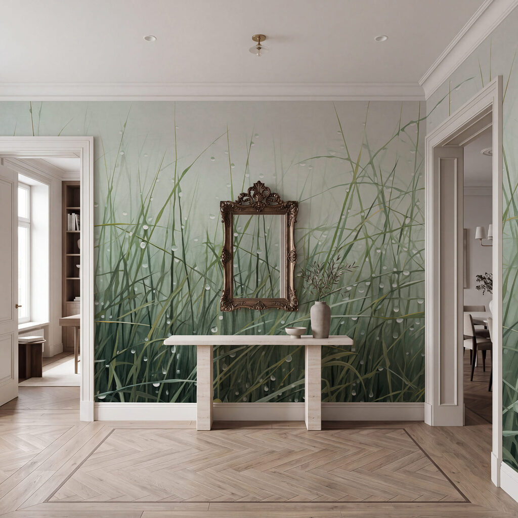 Waterdruppels op het gras in de mist — interieur 3
