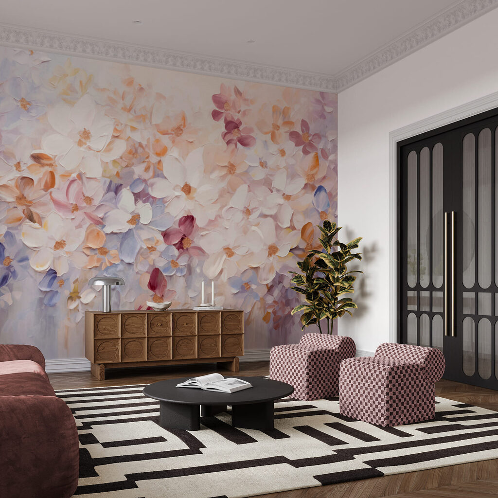 Schilderij van bloemen op een witte ondergrond in een interieur