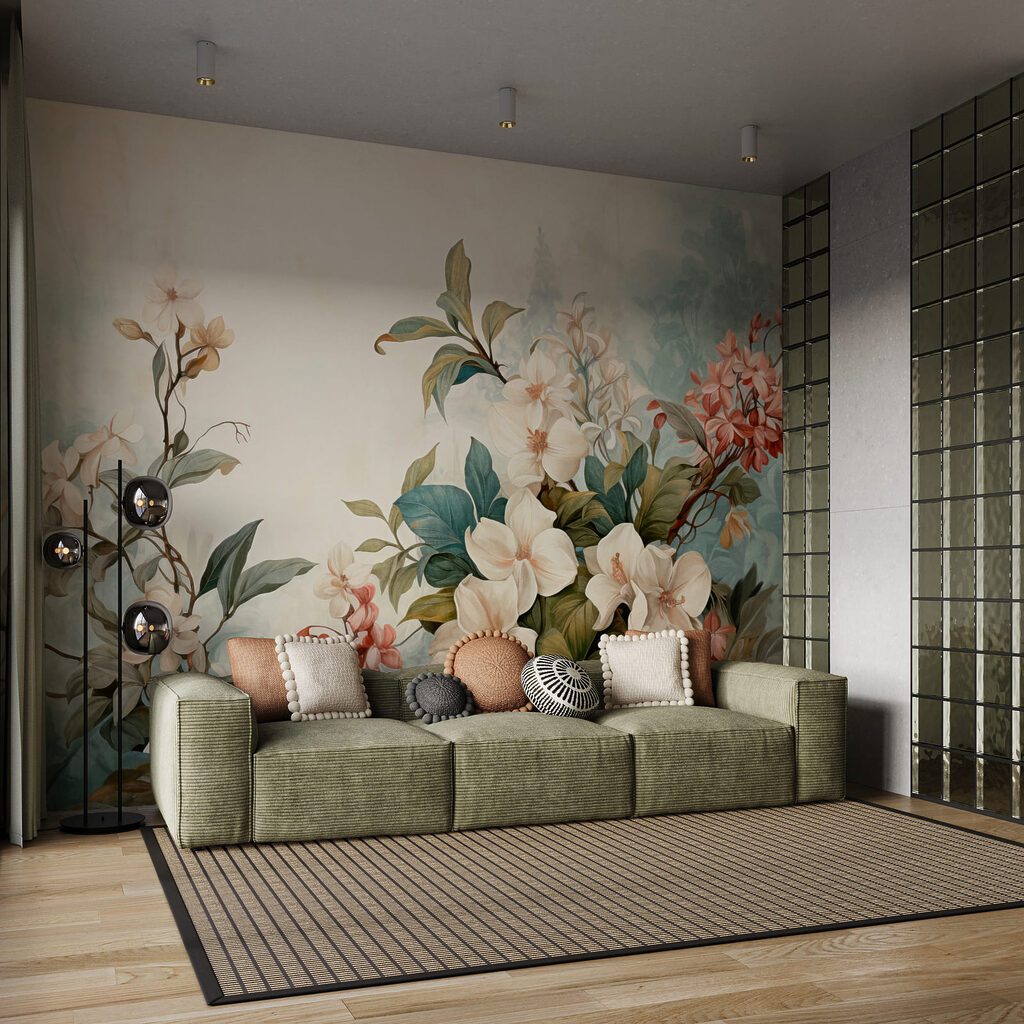 Schilderij van bloemen en bladeren in een interieur