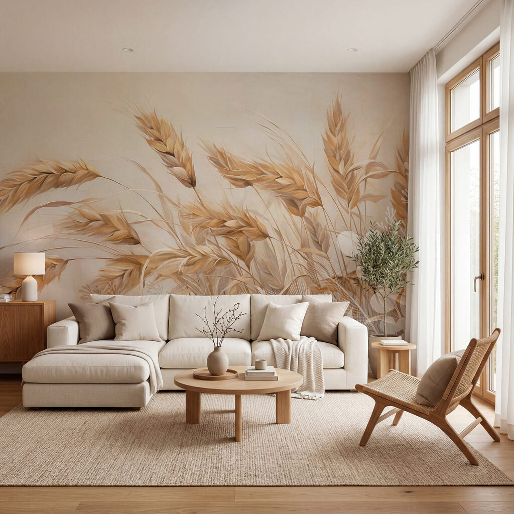 Schilderij van tarweplanten in een interieur