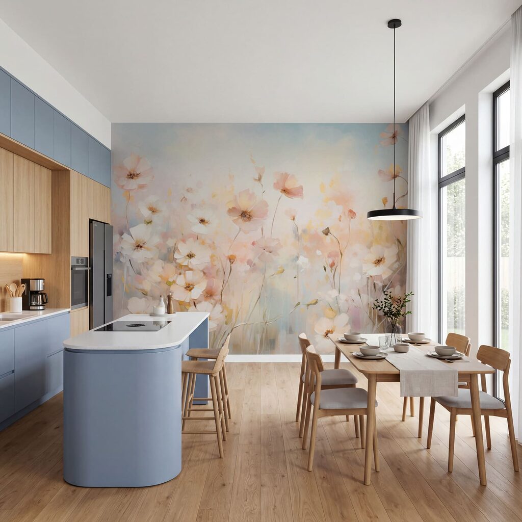 Schilderij van bloemen in een veld in een interieur