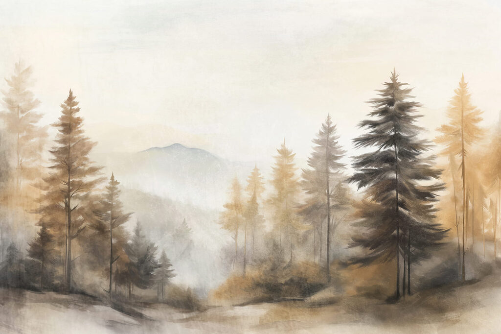 Dennen in gouden nevellicht — volledig ontwerp