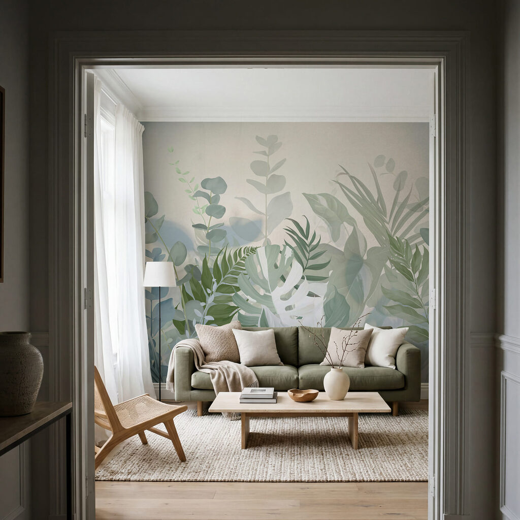 Zachte bladeren in rustige tinten in een interieur